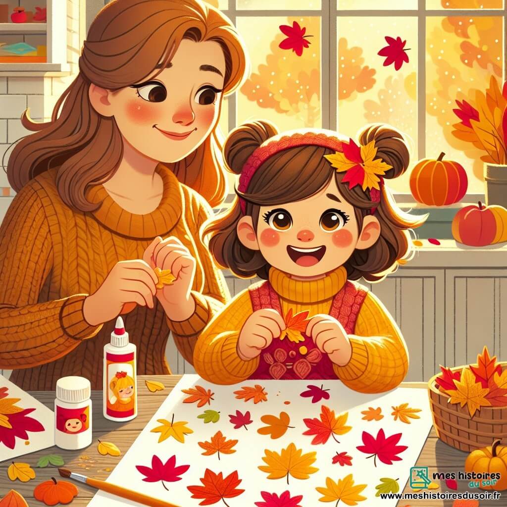 Une petite fille de 4 ans, Lila, avec de longs cheveux bruns et des yeux pétillants, est assise à une table en bois, souriante et entourée de feuilles d’automne colorées. Elle colle une feuille sur un grand papier blanc, ses mains pleines de colle. À côté d'elle, sa maman, d’environ 30 ans, avec des cheveux châtains, l'observe avec fierté en tenant un pot de colle. La scène se déroule dans une cuisine lumineuse avec des décorations de saison. Lila crée un collage de feuilles d’automne, pleine d’énergie, tandis que sa maman l’encourage.
