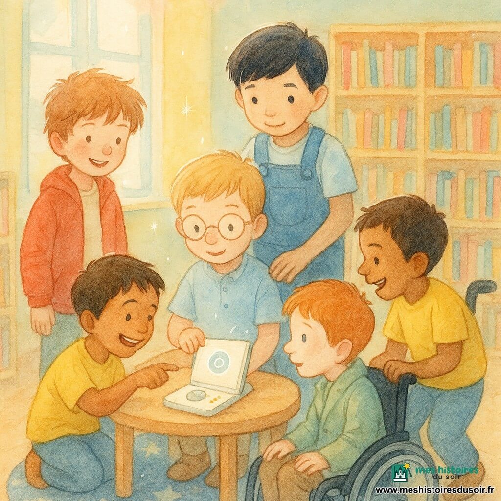 Cinq garçons dans une petite bibliothèque d'école aux murs pastel : Léo (≈7 ans, cheveux châtain clair, veste rouge) debout à gauche souriant, Sami (6 ans, peau bronzée, t-shirt jaune) accroupi à droite en riant et pointant l'écran, Maxime (7 ans, cheveux noirs, salopette bleue) debout derrière Jules la main sur son épaule, Jules (6 ans, cheveux blonds, lunettes) assis au centre et touchant le bouton d'un petit lecteur vocal posé sur la table, et Arthur (7 ans, cheveux roux) en fauteuil roulant à droite qui regarde le livre sur l'appareil avec curiosité; étagères basses en bois, tapis étoilé, grande fenêtre à gauche laissant entrer une lumière douce, ambiance chaleureuse aquarelle avec détails au stylo blanc.