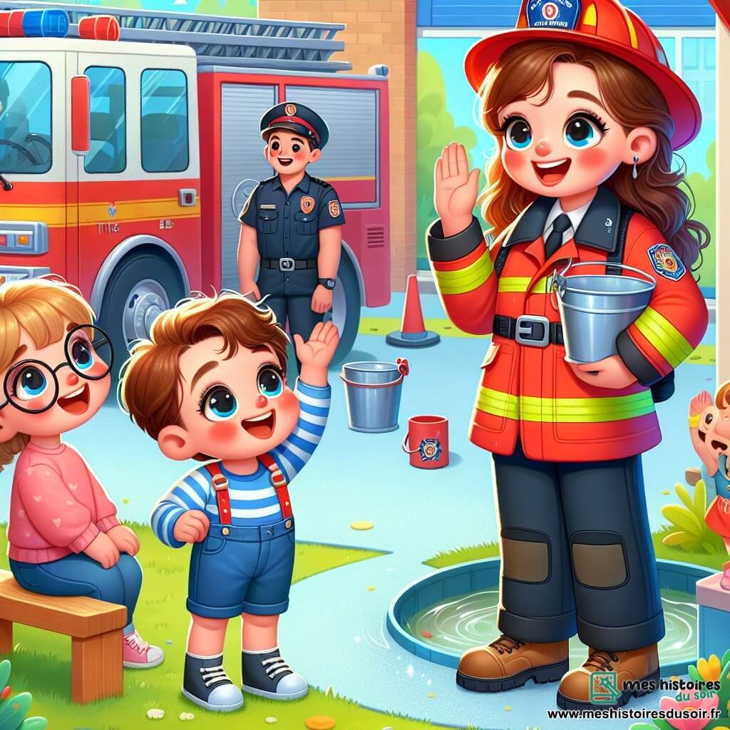 Au premier plan, Emma, une femme pompière d'une trentaine d'années, souriante et énergique, porte un uniforme rouge vif. Elle montre un grand camion de pompiers aux enfants, gesticulant avec enthousiasme. À côté d'elle, Tom, un garçon de 8 ans avec des lunettes en cœur et des cheveux blonds en bataille, lève la main avec un grand sourire. Un peu plus loin, Sophie, 25 ans, spécialiste des secours, observe les enfants avec bienveillance, prête à leur montrer comment utiliser un tuyau d'arrosage. La scène se déroule dans la cour de la caserne de pompiers de Saint-Lumière, pleine de couleurs et de rires d'enfants, avec le camion rouge au centre. Emma explique l'importance de la sécurité incendie, tandis que Tom l'écoute attentivement et Sophie se prépare à faire une démonstration.