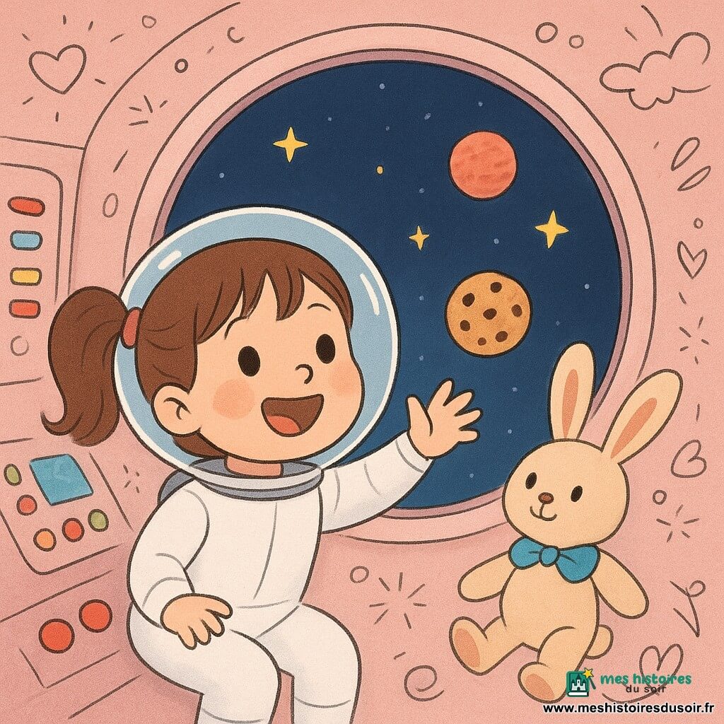 Mina, une petite fille brune en couettes, sourit émerveillée dans une tenue spatiale blanche et un casque transparent, assise près d’un hublot rond où la Terre, des étoiles et une planète rouge sont visibles ; elle tend la main vers un biscuit en apesanteur tandis qu’un petit lapin en peluche beige au nœud bleu flotte à côté d’elle dans l’intérieur d’une fusée rétro aux parois roses pâles, claviers et boutons colorés, la scène évoquant un voyage spatial paisible et ludique avec objets flottants et doodles joyeux.