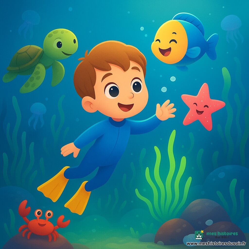 Timéo, garçon de 6 ans aux cheveux châtain clair et yeux brillants, souriant dans une petite combinaison de plongée bleue et palmes jaunes, nage au centre en tendant la main vers des algues phosphorescentes vertes et bleues; à sa droite flotte une étoile de mer rose souriante, derrière à gauche une tortue marine verte tachetée (≈30 cm) entre les algues, au-dessus un poisson-lune jaune et bleu souffle des bulles en riant et, au premier plan gauche, un petit crabe rouge sur un rocher observe la scène; décor : vaste champ d’algues longues et fines ondulant, rochers couverts de coquillages argentés et méduses translucides diffusant des taches violettes et turquoises; ambiance magique et lumineuse, couleurs saturées, contrastes doux, jeux de lumière caressants et bulles montant vers la surface; style : palette vive et enfantine, textures lisses et dégradés doux, silhouettes rondes et composition centrée pour transmettre chaleur et émerveillement.