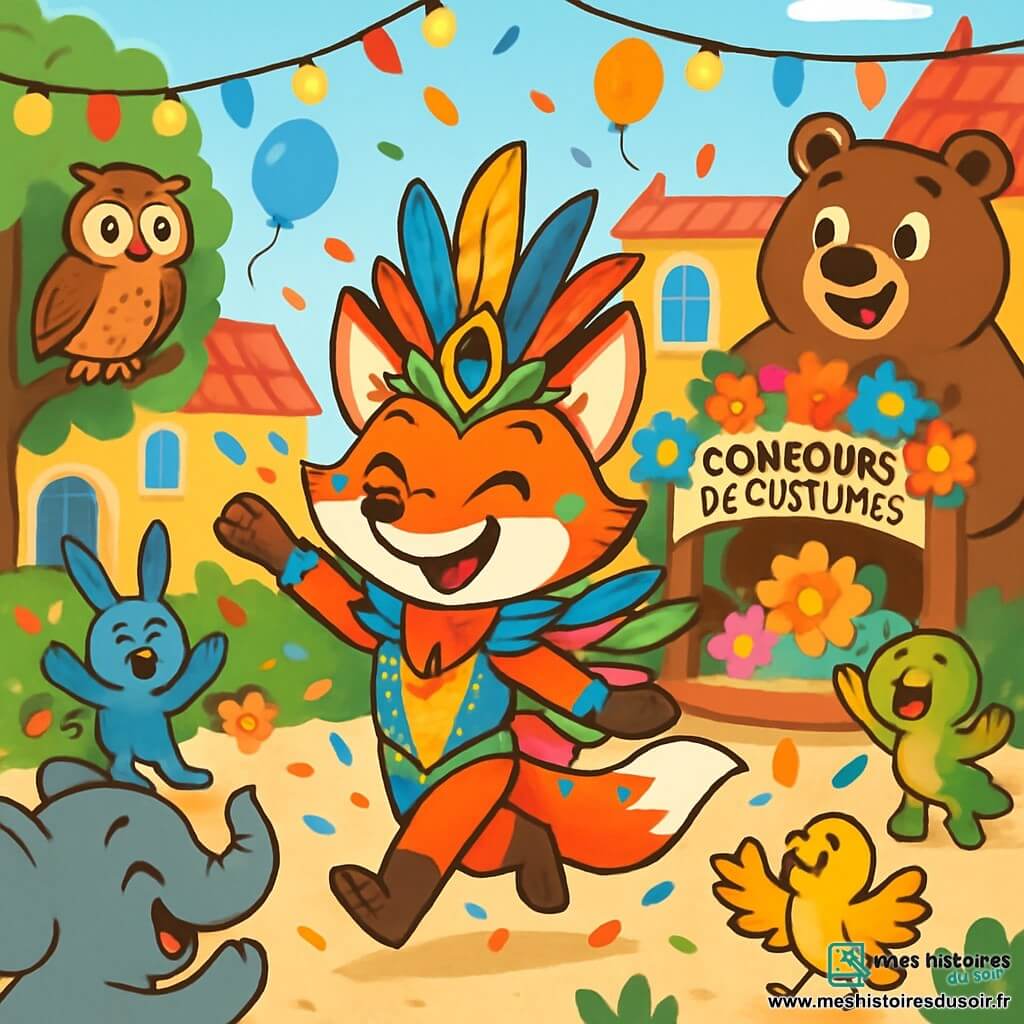 Gaspard, un renard espiègle à la fourrure flamboyante, porte un costume de carnaval brillant orné de plumes colorées et danse avec un grand sourire, entouré de confettis. Joséphine, une chouette sage, observe la scène depuis une branche avec émerveillement, tandis que Balou, un ours jovial, applaudit fièrement. La scène se déroule sur la place centrale d'un village enchanteur, décorée de guirlandes lumineuses et de ballons colorés, où des animaux dansent autour d'une grande scène ornée de fleurs. Gaspard participe à un concours de costumes dans une ambiance festive, créant une atmosphère magique et joyeuse.