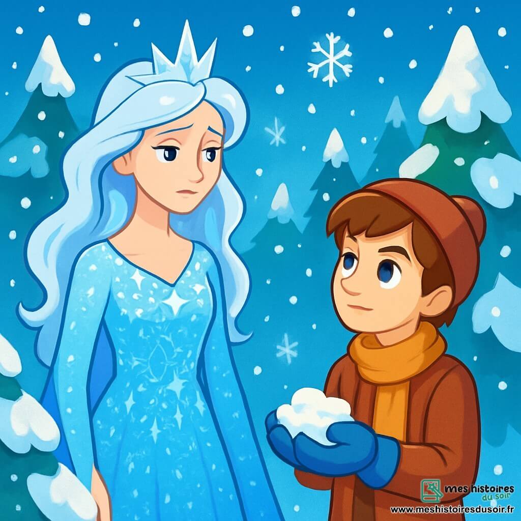 La Reine des Neiges, une femme majestueuse aux cheveux argentés et aux yeux bleus profonds, se tient au centre de la scène, son visage exprimant une douce mélancolie. Elle porte une robe scintillante en cristaux de glace, reflétant la lumière des flocons de neige. À ses côtés, Kay, un jeune homme de 16 ans au regard déterminé, l'observe avec admiration, tenant de la neige dans ses mains. Ils se trouvent dans une forêt enchantée, entourés de sapins recouverts de neige étincelante, tandis que des flocons dansent dans l'air frais. La scène montre la Reine des Neiges et Kay en discussion, dans une atmosphère magique, alors que la neige commence à tomber à nouveau, symbolisant l'espoir et la renaissance de leur royaume.