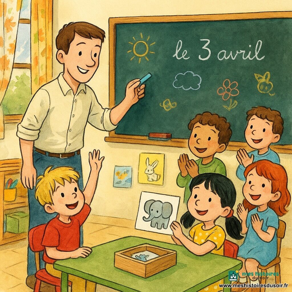 Un instituteur souriant aux cheveux bruns courts, chemise claire manches retroussées, écrit la date au tableau à la craie bleue et montre une boîte de cartes d'animaux; un garçon d'environ 6 ans, cheveux blonds en bataille, lève la main depuis une petite chaise rouge; une fille de 5 ans, cheveux noirs en deux couettes, robe jaune à pois, montre une carte d'éléphant à son voisin assise à une table verte; d'autres enfants de 4–6 ans, vêtus de couleurs vives, rient et applaudissent; la classe est lumineuse avec fenêtres à rideaux à fleurs, posters d'alphabet, dessins d'animaux, étagères avec crayons et boîtes colorées et un grand tableau noir partiellement rempli de craie rose, jaune et bleue — moment chaleureux et animé.