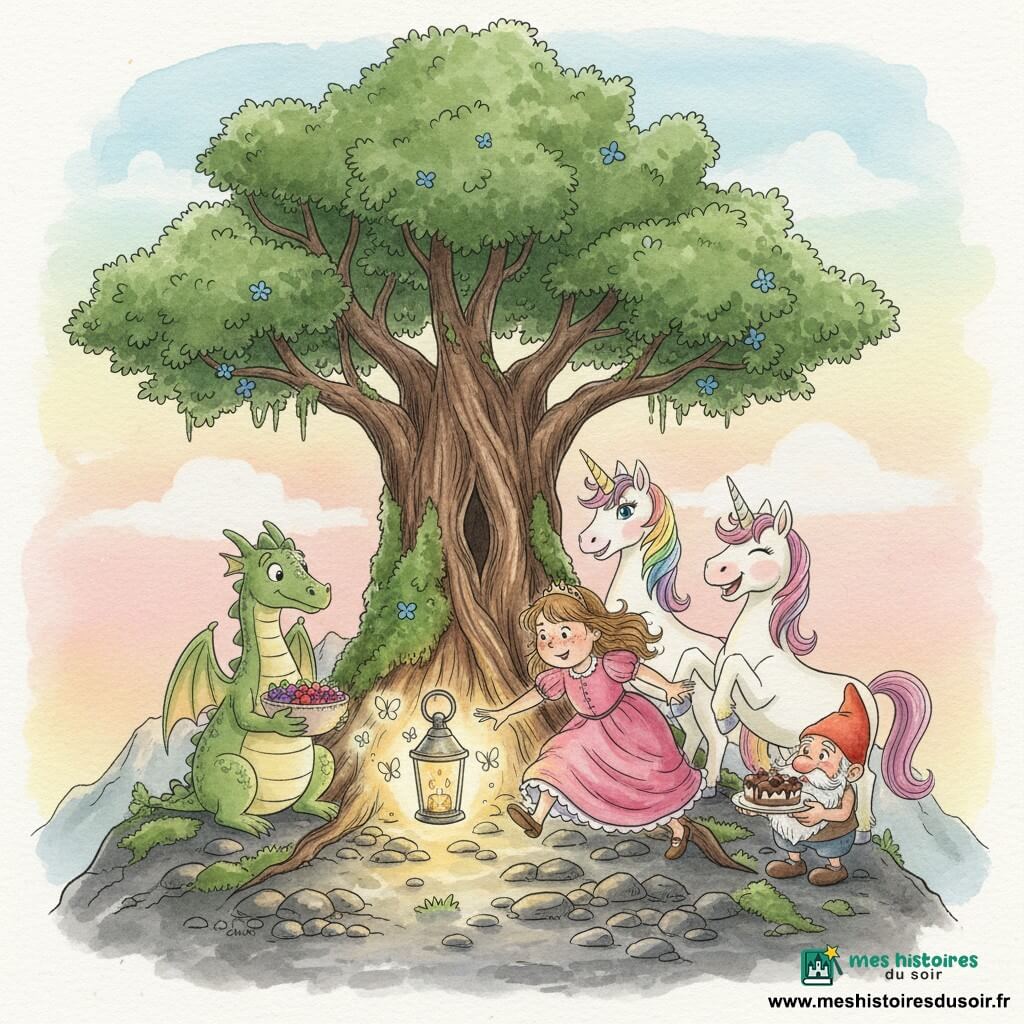La princesse Églantine, visage rond et taches de rousseur, en robe rose froissée, tend la main en trébuchant vers une lanterne brillante; derrière, Pétunia la licorne femelle à crinière arc‑en‑ciel, malicieuse, lève les pattes comme pour la rattraper; à droite Fripon, licorne mâle dodue aux sabots scintillants, rit; à gauche Drakou, dragon végétarien aux écailles vert tendre et ailes repliées, tient une salade de baies; au pied de l'arbre ancien, Grimou le gnome âgé en bonnet rouge tient une assiette de gâteaux; sommet rocailleux avec grand arbre noueux, mousse et petites fleurs bleues sous un ciel pastel au coucher; la lanterne magique diffuse une lumière dorée et des papillons lumineux parmi les pierres sombres; atmosphère chaleureuse et comique, couleurs douces, touches aquarelle et traits légers.