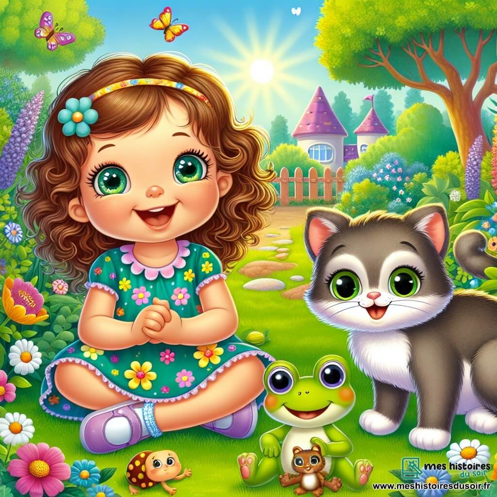 Une petite fille de 1 an, aux grands yeux brillants et aux cheveux bouclés châtains, est assise dans l'herbe verte, riant aux éclats. Elle porte une robe colorée à fleurs et tient un jouet en forme de grenouille. À côté d'elle, Max, un chat aux poils gris et aux yeux verts, est assis sur ses pattes arrière, prêt à jouer. Un peu plus loin, Zoé, une grenouille verte, est perchée sur une pierre, souriante et joyeuse. La scène se déroule dans un jardin ensoleillé, rempli de fleurs colorées et d'arbres majestueux, où des papillons volent. Léa, Max et Zoé jouent à cache-cache, avec Léa comptant les yeux fermés, Max se cachant derrière une plante et Zoé essayant de ne pas rire.