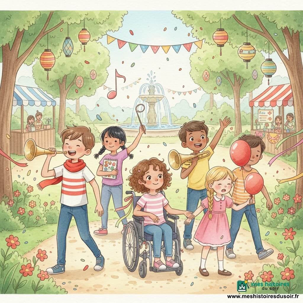 Cinq enfants participent à une petite parade de carnaval dans un jardin public en journée : Léo, 6 ans, cheveux châtain courts et écharpe rouge, ouvre la marche à gauche en soufflant dans une trompette en carton doré ; Mina, 5–6 ans, cheveux noirs en couettes, marche juste derrière lui en tenant un carnet et dessinant une note imaginaire ; Samir, 6 ans, peau bronzée et t-shirt jaune, est à droite avec un tuba en plastique, faisant un petit bruit pour attirer l’attention ; Zoé, 6 ans, cheveux bouclés, en fauteuil roulant décoré de rubans au centre-avant, sourit et tend la main pour rassurer une fillette ; la fillette de 4–5 ans en robe rose et tresse blonde tient la ficelle d’un ballon rouge qui descend vers Samir et paraît soulagée de le récupérer. L’ambiance est joyeuse et chaleureuse, pelouse fleurie, guirlandes et lampions aux arbres, stands en bois, fontaine en arrière-plan, confettis et rubans flottent dans des couleurs pastel avec textures aquarelle.
