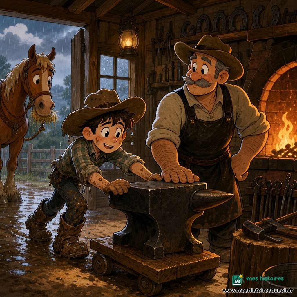 Un garçon d’environ 15 ans, trempé et boueux, chapeau de cow-boy trop grand, chemise à carreaux et bottes sales, pousse doucement une lourde enclume sombre sur une planche vers l’entrée d’une forge ; un forgeron solide de 50–60 ans, peau burinée, moustache grise et tablier en cuir noir, pose une main sur le métal, ému et fier ; un cheval alezan nommé Biscuit, humide, museau plein de foin, observe à l’arrière-plan près de la porte ouverte ; intérieur en bois chaud avec outils aux murs, étagères de fers à cheval et un grand foyer orange projettant des ombres, sol boueux à l’entrée et fenêtre embuée ; scène de retour triomphant et humble — le garçon ramène l’enclume volée sous la pluie, composition centrée sur l’enclume, silhouettes rondes et lignes souples style rubber hose, contrastes de couleurs chaudes à l’intérieur et gris-bleu à l’extérieur.