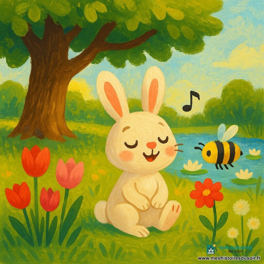 Petit lapin anthropomorphe assis sous un grand chêne, joyeux et serein, yeux mi-clos, joues rosées, fourrure blanche et beige, longues oreilles souples, fredonnant en posant ses pattes devant lui; une petite abeille jaune et noire butine une tulipe rouge près de son museau; à gauche, un groupe de tulipes rouges et roses aux tiges fines; à droite, une mare calme avec nénuphars blancs et herbes; prairie printanière lumineuse, herbe verte, ciel bleu pâle et rayons de soleil filtrant à travers les feuilles, ambiance douce, couleurs vives, traits ronds et formes simples pour enfants de 4 ans.