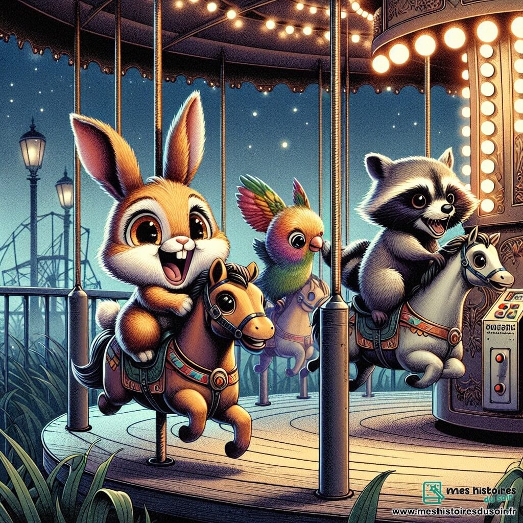 Un petit lapin nommé Caramel, avec de grandes oreilles moelleuses et un pelage brun doré, est assis sur un cheval de bois, riant aux éclats, les pattes en l'air, pendant que le manège tourne. À côté, Riri le raton laveur, avec un pelage gris et des rayures noires, s'accroche à son cheval, surpris et joyeux. Popi le perroquet, aux plumes vives, est perché sur le panneau de commande, prêt à faire démarrer le manège. Le décor est un parc d'attractions abandonné, avec des manèges rouillés et des herbes folles. La scène est illuminée par la lumière de la lune, créant une atmosphère magique. Les trois amis vivent une aventure hilarante dans une nuit pleine de surprises et de joie.