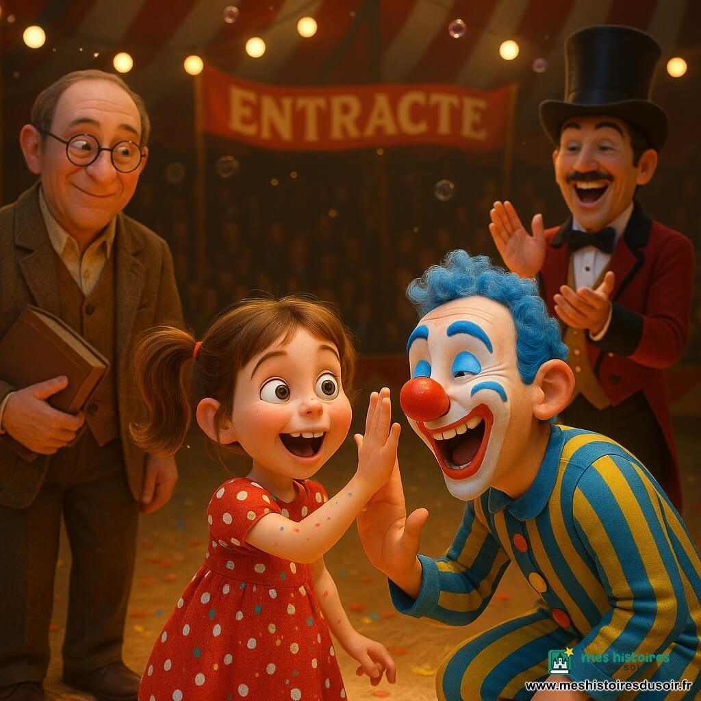 Une fillette de 8 ans, surpr ise et rayonnante, cheveux châtain clair en couettes, robe à pois rouges et blancs tachée de confettis, se tient au centre de la piste en levant la main pour un high‑five; à sa droite le clown Léon (30–35 ans) en costume rayé bleu et jaune, nez rouge, rit et tend la main, derrière elle à gauche Hector, bibliothécaire d’environ 50 ans avec lunettes et veste marron tenant un grand livre, et un maître de cérémonie vers 40 ans en redingote rouge et haut-de-forme applaudit; le chapiteau rouge et blanc, plancher en bois ciré saupoudré de paille et confettis, projecteurs jaunes créant cercles de lumière, bulles scintillantes et banderole « ENTRACTE », ambiance festive, chaleureuse et bienveillante aux couleurs saturées.