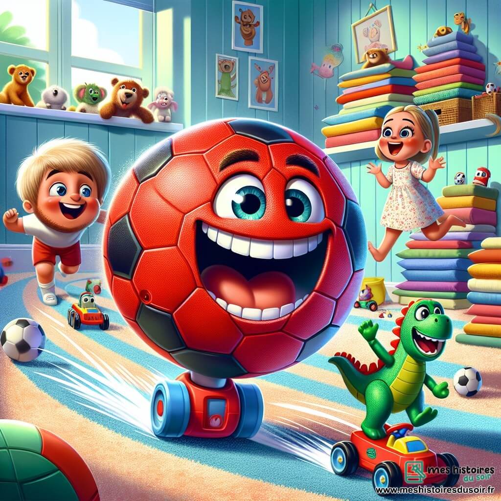 Au centre de l'image, Benny, le ballon de foot rouge, roule rapidement avec un grand sourire. À côté, Lila, la poupée blonde, rit en tenant un appareil photo en jouet, portant une robe à fleurs. Max, le dinosaure en plastique vert, est en arrière, faisant une grimace comique. Le décor est une chambre colorée avec des jouets éparpillés, des murs bleu clair et des dessins d'animaux. Les trois amis s'amusent en courant, tandis qu'une boîte à jouets ouverte laisse entrevoir d'autres jouets curieux.