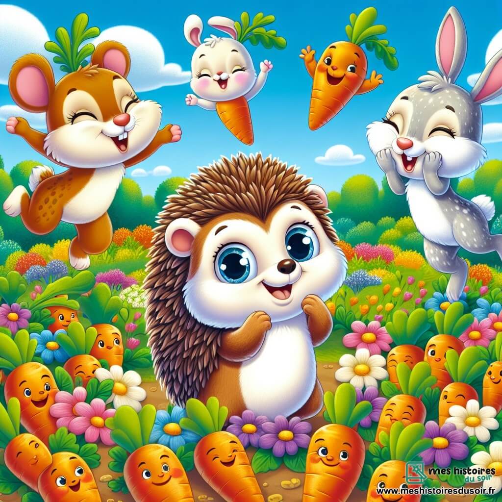 Un hérisson nommé Henri, avec un pelage brun et des piquants doux, danse joyeusement dans un jardin coloré, entouré de carottes dansantes. À sa droite, Lila, une lapine blanche aux grandes oreilles, rit en sautant, tandis qu'à sa gauche, Max, un lapin tacheté, applaudit. Le jardin est rempli de fleurs éclatantes, de légumes colorés et d'arbres sous un ciel bleu ensoleillé. La scène représente la fête des carottes, où tous les animaux dansent ensemble dans une ambiance festive.