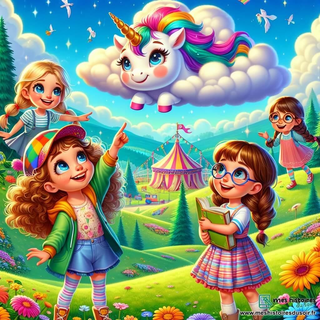 Quatre filles d'environ 10 ans se tiennent au sommet d'une colline verdoyante, excitées. Zoé, avec des cheveux bouclés et une casquette colorée, pointe un nuage en forme de licorne. À sa droite, Léa, aux longs cheveux blonds tressés, saute de joie. Emma, portant des lunettes et des cheveux châtains, tient un livre de contes ouvert, tandis que Mia, la plus petite avec des couettes, regarde le nuage avec émerveillement. Le ciel est bleu avec des nuages moelleux et un chapiteau de cirque coloré se dresse au loin, entouré de fleurs et d'arbres. Les filles s'apprêtent à suivre la licorne nuageuse vers une aventure magique, laissant leurs devoirs derrière elles.