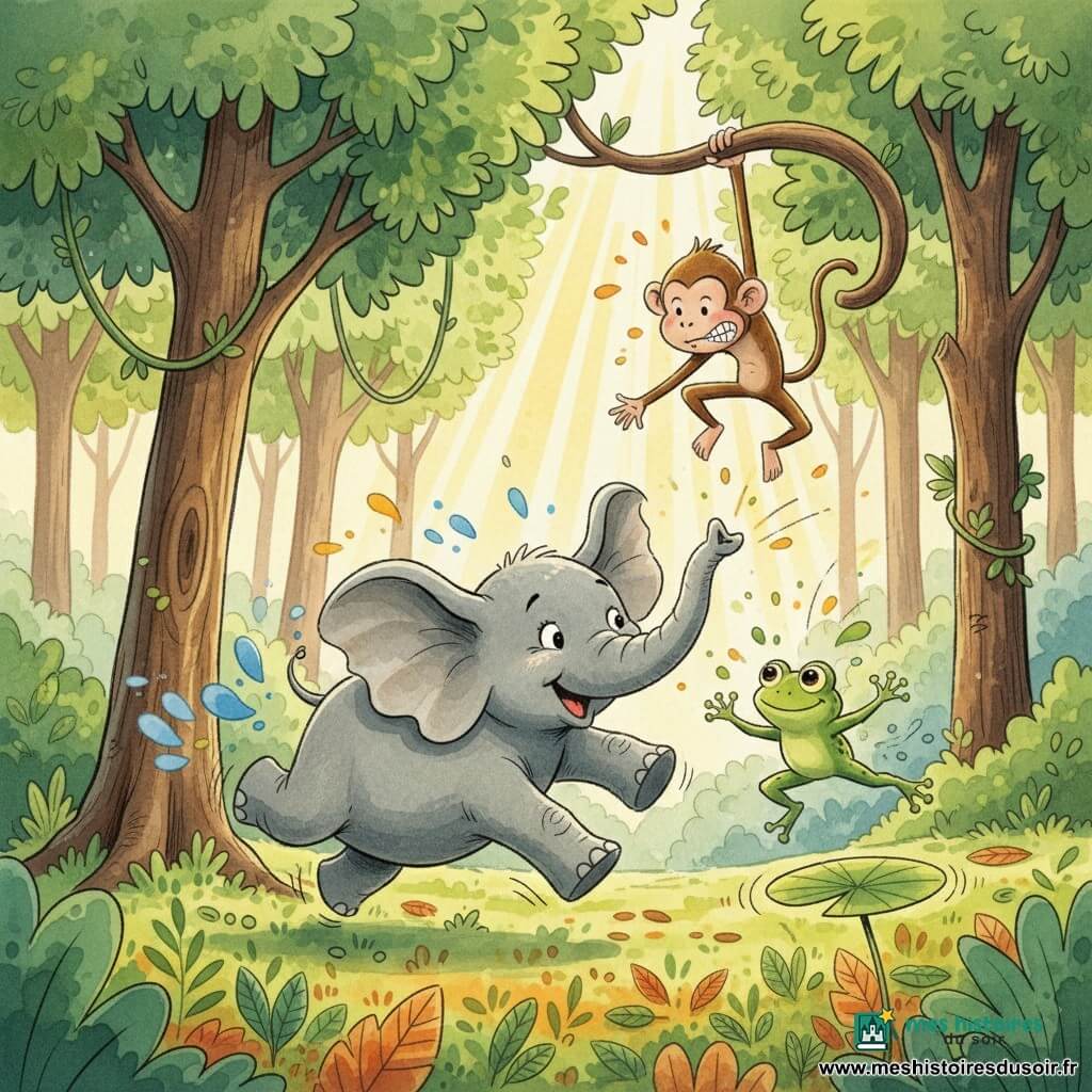 Émile, un éléphant joyeux à peau grise et grandes oreilles, trompe levée, court autour d’un arbre tandis que Gigi, petite grenouille verte aux grands yeux, saute d’un nénuphar pour le rattraper et Simon, un singe brun agile, se balance sur une branche en faisant une grimace ; la forêt dense et lumineuse, feuillage vert, lianes et un rayon de soleil, encadre ce jeu de poursuite animé.