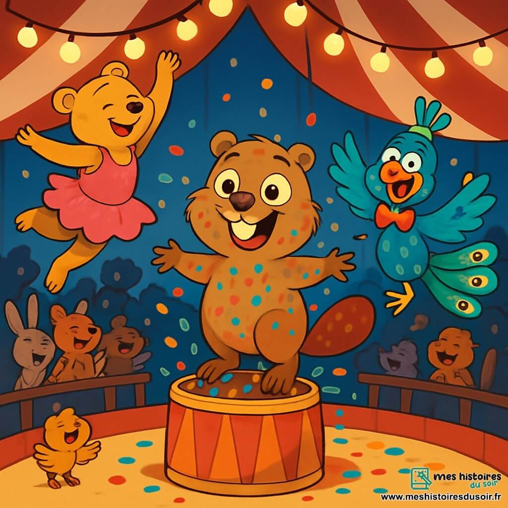 Au centre de l'image, Gustave, un jeune castor aux grandes dents blanches et à la fourrure brun clair, se tient sur une plateforme en bois, les yeux écarquillés d'excitation et un large sourire. Il est couvert de confettis colorés et a de la peinture rouge sur sa queue. À sa gauche, Margotte, une ours trapéziste aux poils dorés, s'élance gracieusement dans les airs, portant un tutu rose vif. À droite, Pablo, un paon clown avec un nez rouge et des plumes multicolores, rit aux éclats, prêt à faire une blague. Le décor est un grand chapiteau rayé rouge et blanc, illuminé par des lampions, avec des spectateurs animaux applaudissant. La scène montre Gustave glissant sur la plateforme, prêt à tomber dans un tonneau de confettis, tandis que Margotte et Pablo l'encouragent, créant une atmosphère de joie et de magie du cirque.