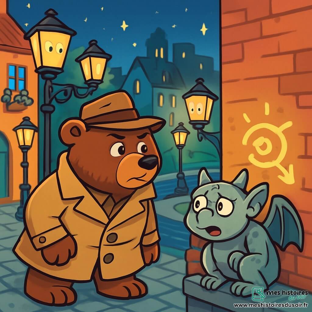 Un ours brun géant nommé Ursule porte un trench-coat beige et un chapeau mou, observant un graffiti mystérieux sur un mur au milieu d'une rue pavée. À ses côtés, Gaston, une gargouille en pierre grise, scrute les lampadaires qui discutent autour d'eux depuis un rebord de fenêtre. Le décor est une ville animée avec des lampadaires anciens, des maisons colorées et une rivière reflétant les étoiles. Ursule et Gaston font face au graffiti tandis que les lampadaires débattent bruyamment de la météo, créant une atmosphère magique et chaotique.