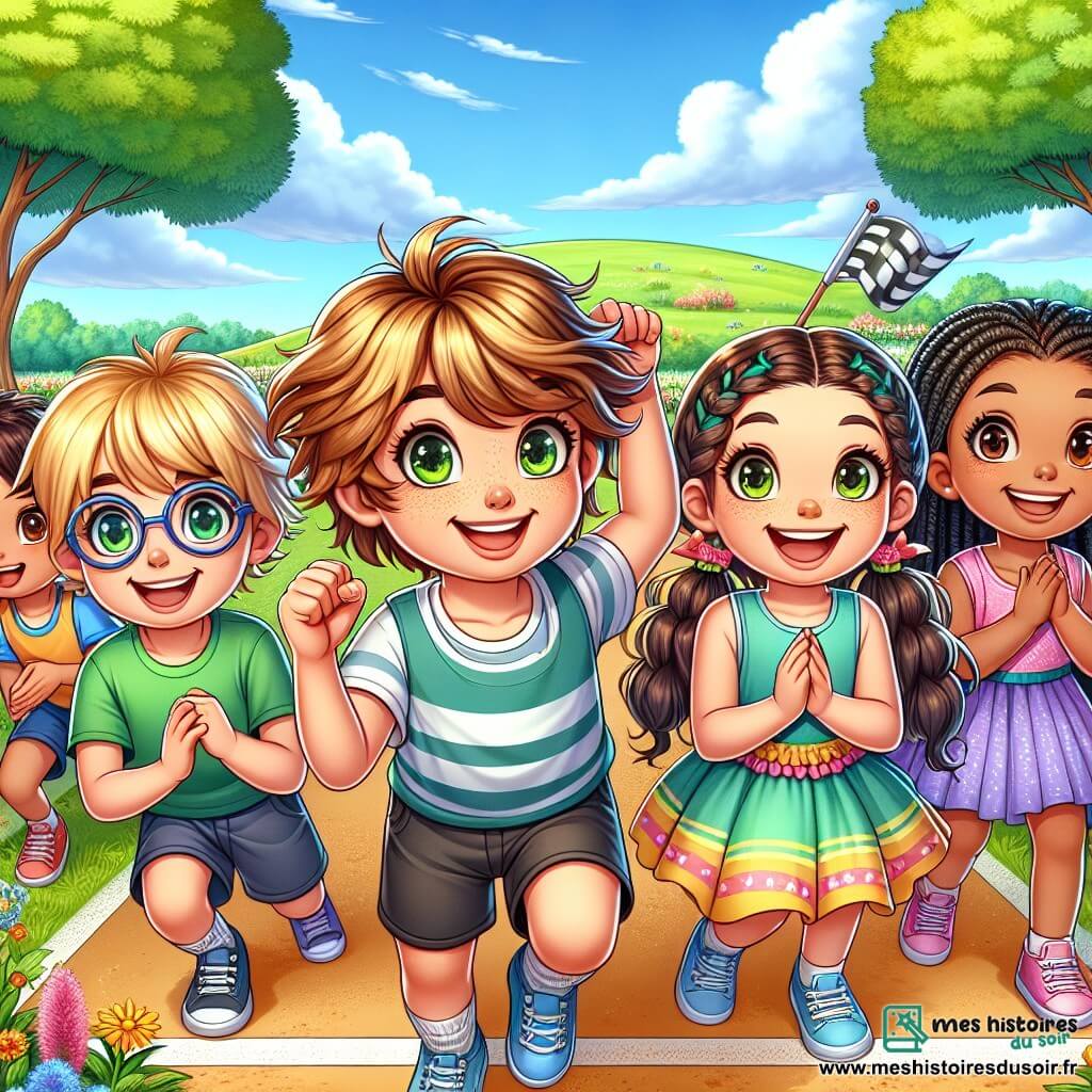 Au centre de l'image, Léo, un garçon de 7 ans aux cheveux blonds, sourit en levant les bras, prêt à courir. À sa droite, Emma, une petite fille de 6 ans avec des cheveux bruns, applaudit. À gauche, Sam, un garçon de 8 ans avec des lunettes, rit en tenant un drapeau de course. Zoé, une fille de 7 ans aux longs cheveux noirs, se tient en arrière, prête à se lancer. Le décor est un parc verdoyant avec des fleurs et des arbres. Les enfants sont alignés sur une ligne de départ, prêts à courir ensemble, symbolisant la confiance en soi et l'amitié.
