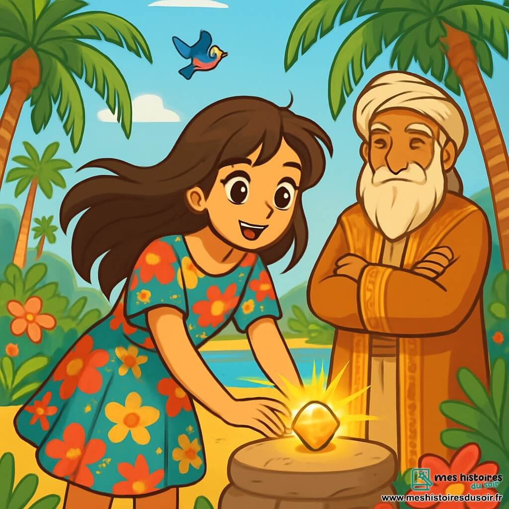 Leïla, une jeune femme aux longs cheveux bruns, se tient au centre d'une oasis, émerveillée et déterminée, vêtue d'une robe légère aux motifs floraux. À ses côtés, le Sage des Sables, un vieil homme à la barbe blanche, l'observe avec bienveillance, les bras croisés. L'oasis est enchanteresse, avec des palmiers, des fleurs éclatantes et une eau cristalline. Leïla se penche pour toucher un joyau brillant sur une pierre ancienne, une lumière dorée illuminant son visage, capturant l'instant où elle s'apprête à faire un vœu.