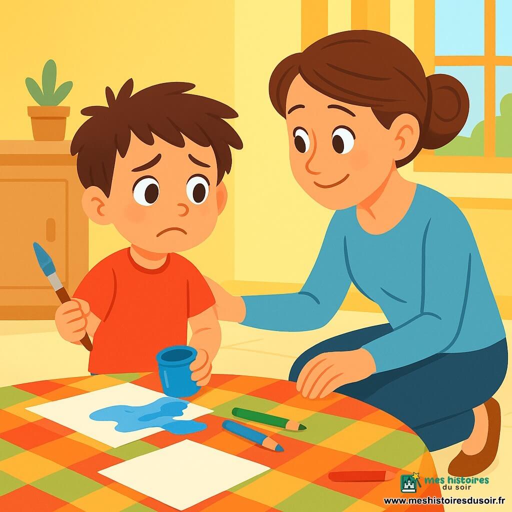 Un garçon de 4 ans, Léo, aux cheveux bruns en bataille et aux yeux curieux, se tient devant une table colorée. Inquiet mais déterminé, il tient un pinceau dans une main et un pot de peinture renversé dans l'autre. Sa maman, souriante et d'une trentaine d'années, s'accroupit pour le rassurer avec douceur. La scène se déroule dans une cuisine lumineuse aux murs jaunes, avec des crayons et des feuilles éparpillés. Léo, ayant accidentellement renversé de l'eau, s'apprête à avouer son erreur à sa maman.