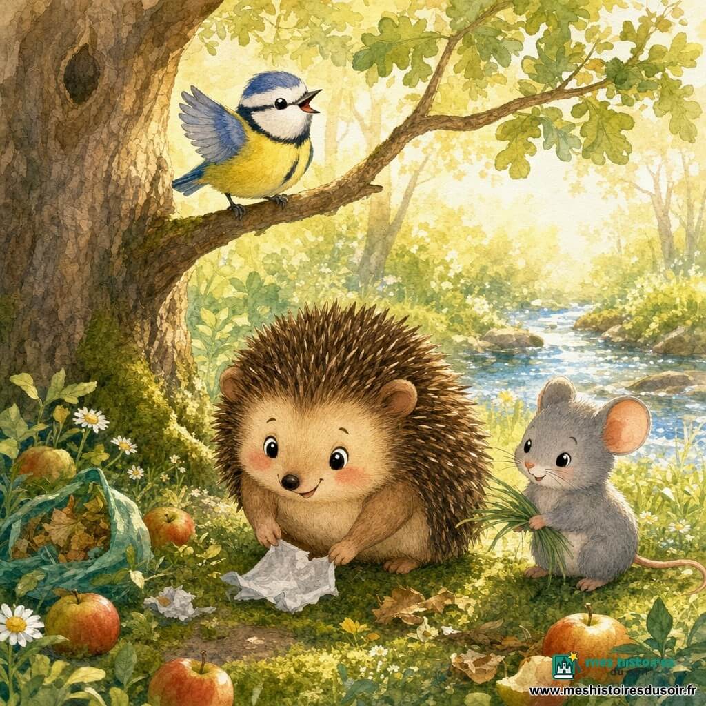 Un petit hérisson rond aux piquants bruns et joues roses ramasse délicatement un papier, accompagné d'une mésange bleu et jaune perchée sur une branche et d'une souris grise tenant des brins d'herbe; ils se trouvent dans une claire-voie lumineuse près d'un grand chêne, sur un tapis de mousse avec fleurs et pommes tombées, un ruisseau scintillant en arrière-plan, scène chaleureuse montrant des amis de la forêt nettoyant et prenant soin de leur maison sous une lumière dorée filtrant à travers les feuilles.
