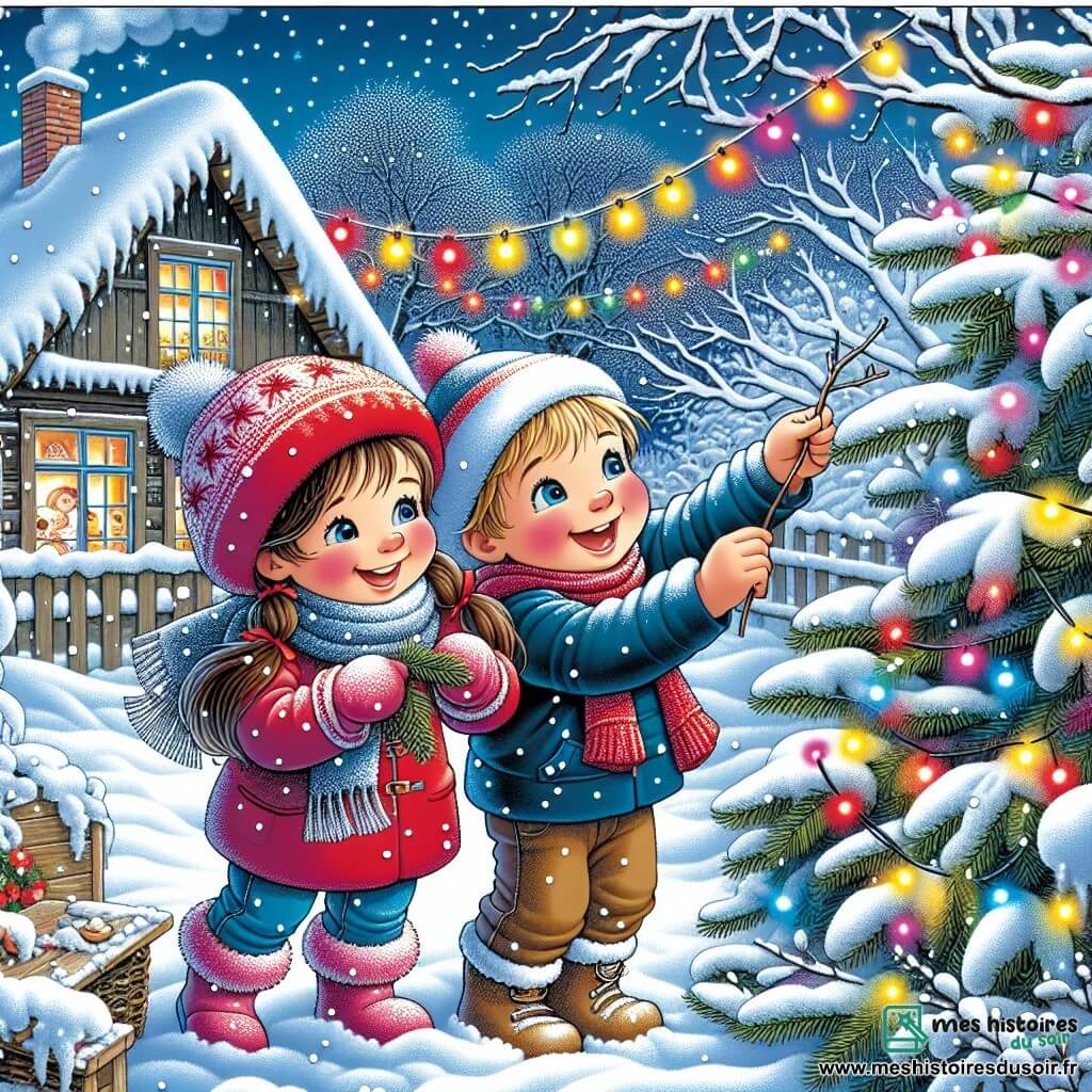 Dans un jardin enneigé, deux amis, Lina, 8 ans, avec des cheveux bruns et un bonnet rouge, et Tom, 7 ans, avec des cheveux blonds et une écharpe bleue, décorent un arbre avec une guirlande colorée. Le jardin est recouvert de neige scintillante, avec des flocons tombant du ciel et des lumières multicolores sur les branches. En arrière-plan, une maison en bois dégage de la fumée de sa cheminée, ajoutant une ambiance chaleureuse. Ils s'amusent à préparer le jardin pour l'hiver, riant et chantant.