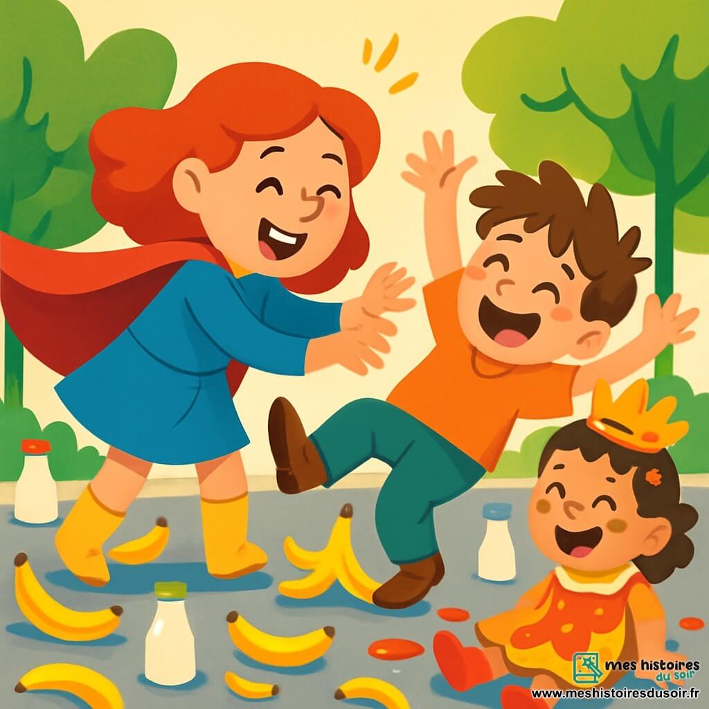 Mimi Super, une femme en cape rouge et bottes jaunes, rit joyeusement en faisant des chatouilles magiques à Patatra, un garçon aux cheveux en bataille qui glisse sur une peau de banane, riant aux éclats. À proximité, Bébouille, une fille avec une couronne de confiture et une robe en tartine, se relève, le visage couvert de confiture, riant aussi. La scène se déroule dans une rue ensoleillée, remplie de bananes dorées et de bouteilles de lait colorées, avec des éclats de confiture brillants au soleil. Au fond, des arbres dansent dans le vent. Mimi Super, Patatra et Bébouille jouent ensemble, créant une atmosphère joyeuse.