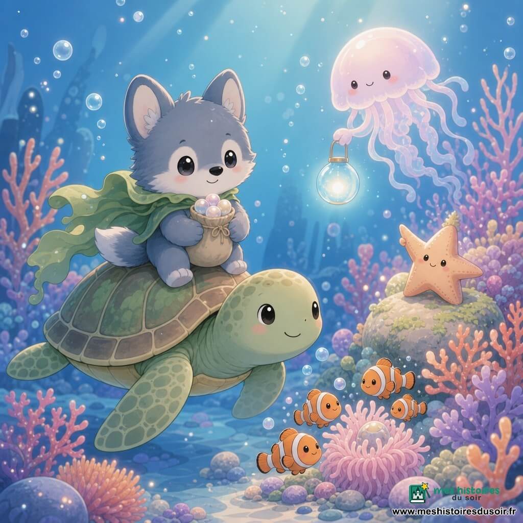 Petit Loup, louveteau debout sous l'eau au pelage gris-bleu, grandes oreilles et yeux brillants, porte une cape en feuille d'algue et tient un petit sac de perles contre sa poitrine; une étoile de mer orange pâle sourit et montre le chemin depuis une pierre proche; une large tortue verte au dos décoré transporte Petit Loup vers le corail; une méduse translucide rose pâle flotte en arrière-plan en tenant une bulle-lanterne bleue qui éclaire la scène; des poissons-clowns orange et blanc tournent autour d'une anémone près du sac d'œufs; le jardin de corail dense, aux tons roses, violets et orangés, bulles et rayons filtrés; scène nocturne douce, eau calme et lueur nacrée tandis que Petit Loup pose délicatement le sac d'œufs près de l'anémone entouré d'amis marins.