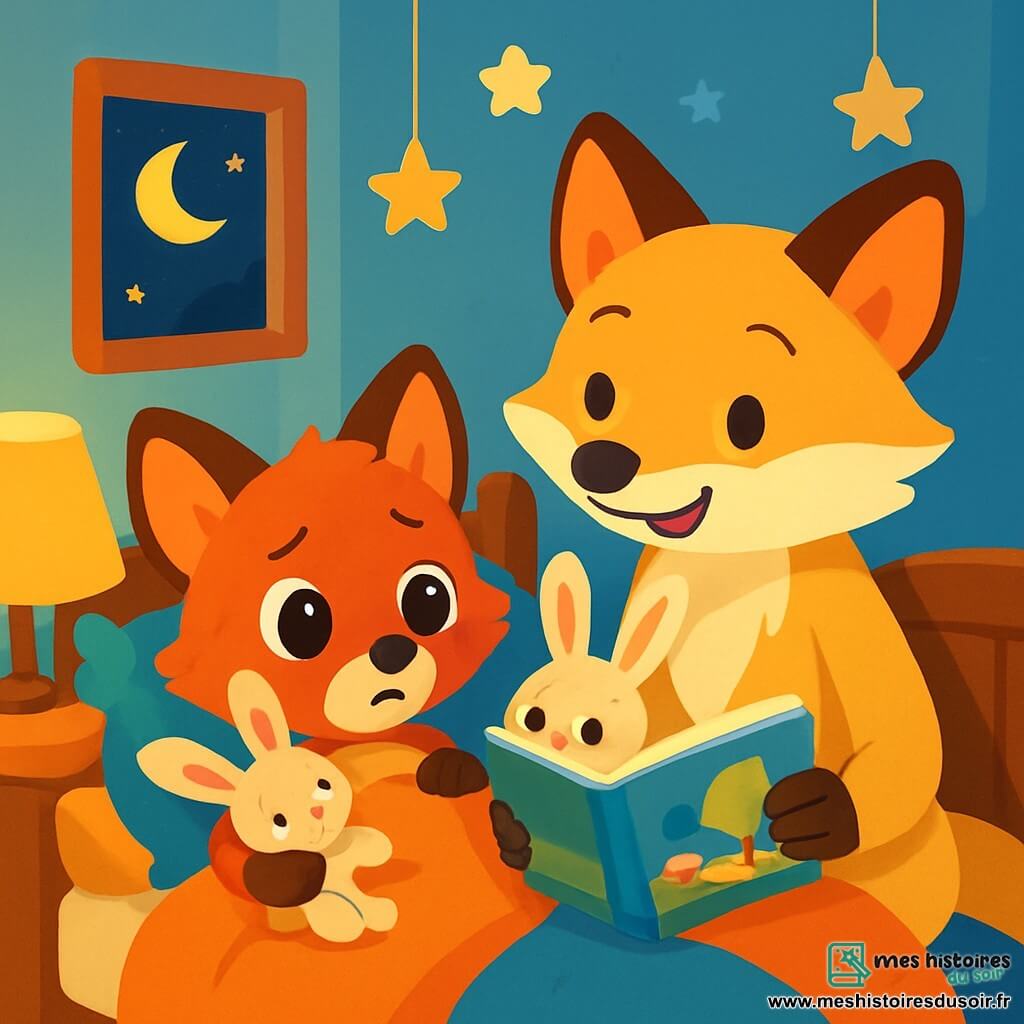 Un petit renard aux poils roux est allongé sur son lit, entouré de coussins colorés, serrant une peluche en forme de lapin. À côté de lui, sa maman renarde, au pelage doré, lui lit une histoire à partir d'un livre illustré. La chambre, chaleureuse avec des murs bleu pastel et une lumière douce, crée une ambiance réconfortante. Le petit renard écoute attentivement sa maman, tandis que la nuit mystérieuse s'étend à l'extérieur.