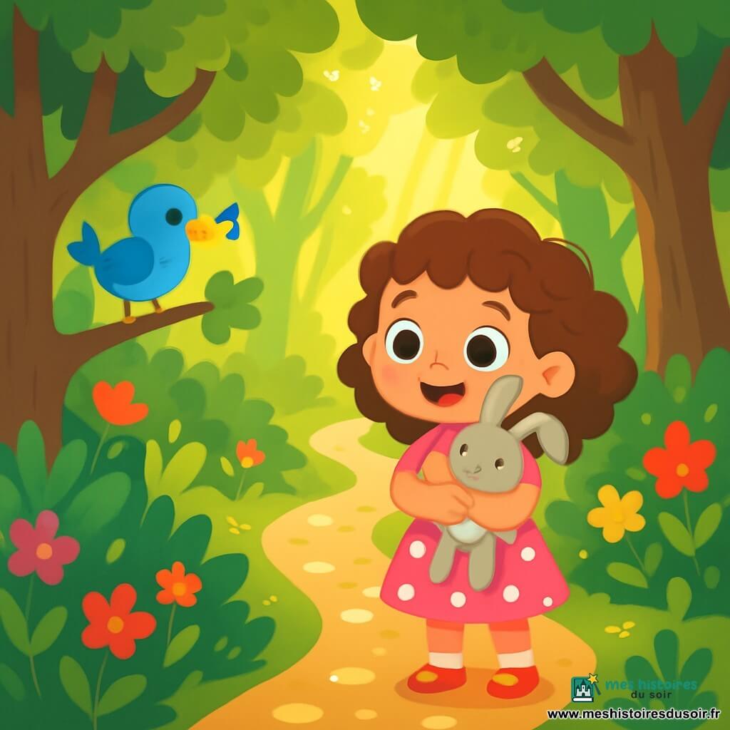 Une petite fille de 4 ans, Zoé, avec de grands yeux ronds et des cheveux bouclés, porte une robe rose à pois blancs. Elle sourit émerveillée en tenant son doudou, un lapin en peluche gris, contre son cœur. Zoé se tient au début d'un chemin dans une forêt enchantée. À côté d'elle, un petit oiseau bleu se perche sur une branche basse, chantant joyeusement. La forêt est dense et lumineuse, avec des arbres épais, des feuilles vertes éclatantes et des fleurs colorées. Des rayons de soleil filtrent à travers les branches, créant des taches dorées sur le sol. Zoé regarde avec excitation le chemin bordé de cailloux brillants, prête à partir à l'aventure à la recherche d'un trésor caché.