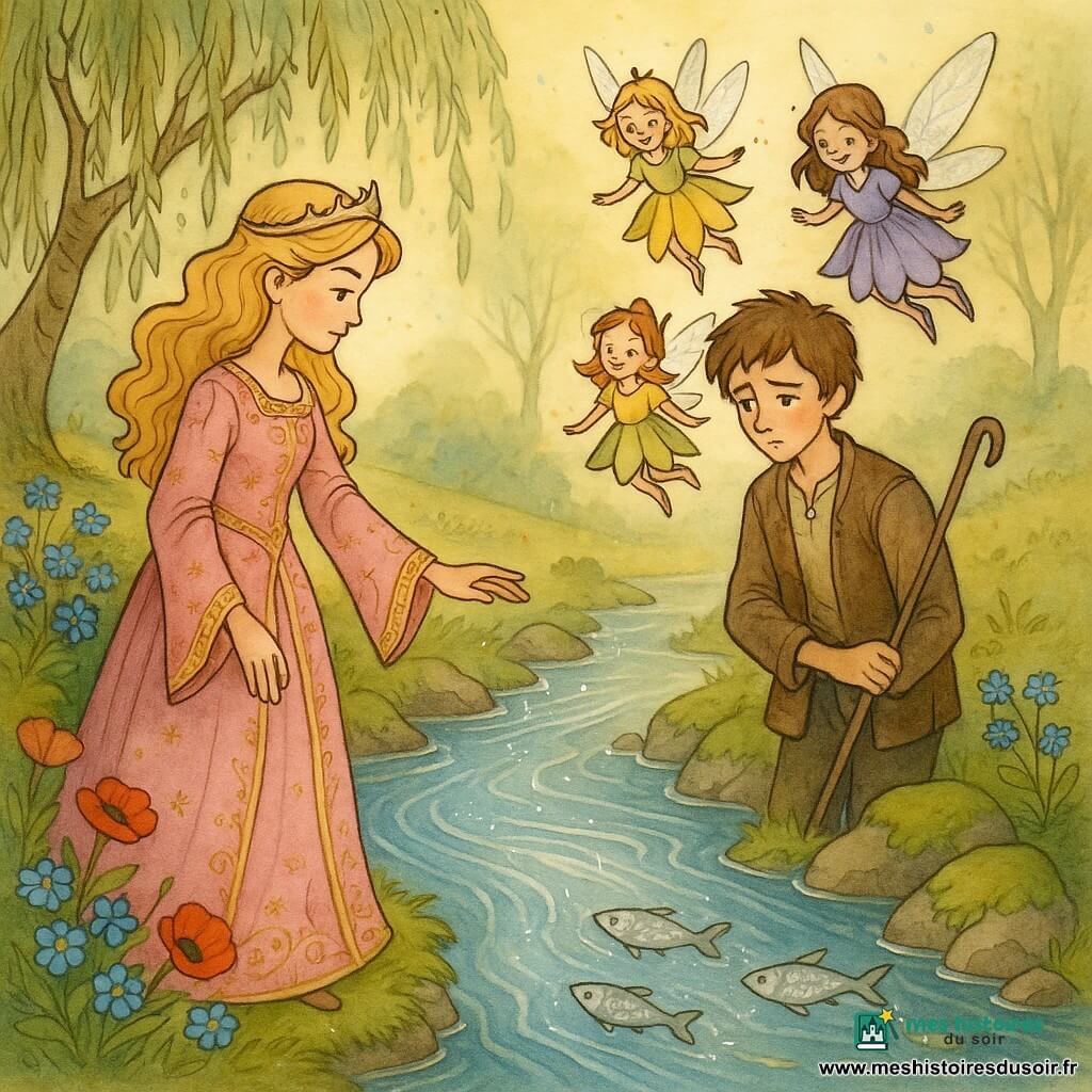 La Belle au bois dormant, réveillée, apparaît sereine en robe rose pâle brodée d'or, penchée la main tendue pour apaiser une rivière argentée; à sa droite, Louis, jeune berger d'environ 14 ans au regard mêlé de honte et d'espoir, tient une baguette; au-dessus de l'eau flottent les trois petites fées Flora, Pâquerette et Pimprenelle en robes-pétales colorées, ailes translucides, sourires malicieux et attendris; la berge, en matin brumeux, présente saules pleureurs, pierres mousseuses et tapis de fleurs baignés d'une lumière dorée; la scène, centrée sur le geste de la princesse et les regards vers l'eau, dégage une atmosphère calme et magique où la princesse répare l'inondation et le garçon apprend la gratitude.