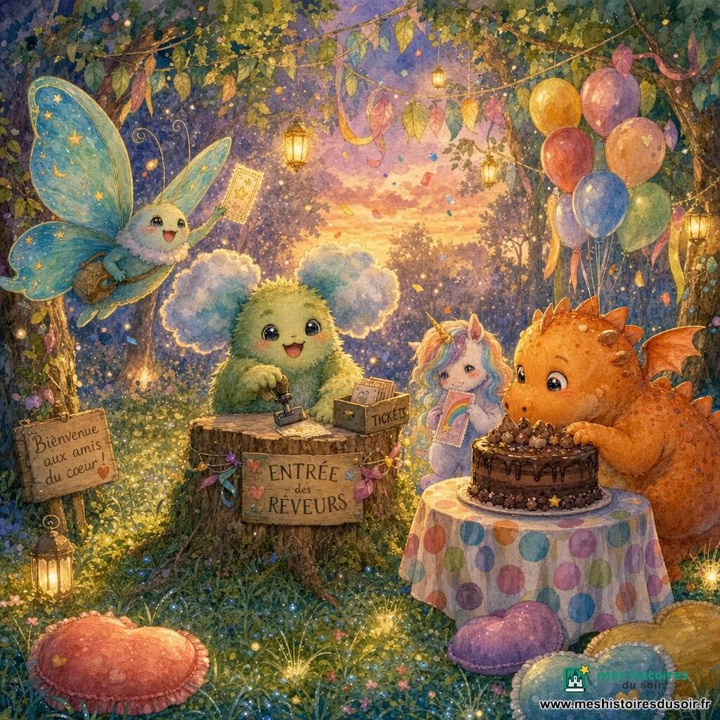 Floumi, petit animal aux oreilles en nuage et fourrure mousseuse, sourit en poinçonnant un ticket sur un tronc transformé en stand d’entrée; Papillon-Lune, papillon aux grandes ailes bleu-vert étoilées, vole à gauche avec son ticket scintillant; Croque-Queue, petit dragon orange, renifle un gâteau au chocolat à droite; Zéli, minuscule licorne pastel, tient timidement son ticket près du gâteau; la clairière enchantée, herbe perlée de rosée, arbres décorés de guirlandes, lanternes et rubans, table à nappe à pois et coussins en forme de cœur, ballons multicolores, confettis aquarellés et lumière de crépuscule créent une atmosphère chaleureuse et joyeuse.