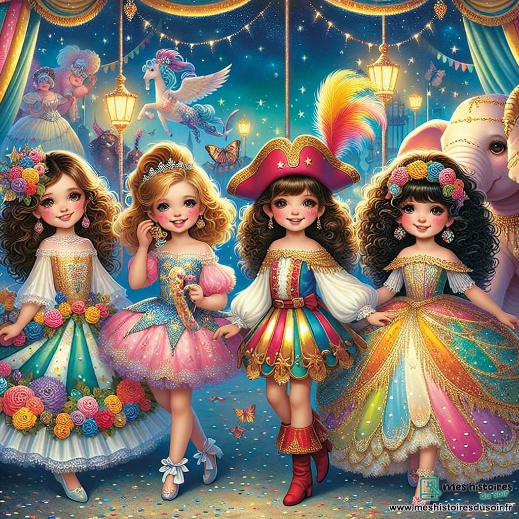 Quatre petites filles d'environ 8 ans se tiennent au centre d'une scène de carnaval. Emma, aux cheveux bruns et bouclés, porte une robe de fée ornée de fleurs et sourit. À sa droite, Zoé, blonde et lisse, est déguisée en pirate des étoiles avec un chapeau scintillant. À gauche, Lila, châtaine et tressée, est en costume de danseuse de feu avec des plumes dorées. Enfin, Mia, aux cheveux noirs et frisés, est habillée en princesse des licornes avec une robe pastel. Le décor est un carnaval féerique avec un ciel bleu et des confettis colorés. Des éléphants roses dansent en arrière-plan et des créatures fantastiques animent la fête. Les quatre amies participent à un défilé, riant et lançant des confettis aux spectateurs, dansant au rythme de la musique.