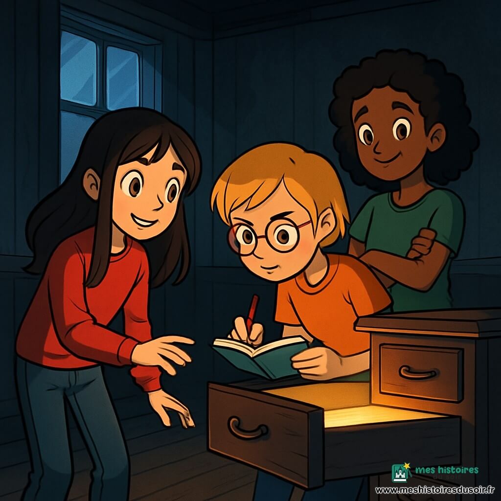 Trois personnages sont présents : Lise, une fille de 12 ans avec de longs cheveux bruns et des yeux curieux, portant un pull rouge et un jean, se tient près d'un tiroir ancien. Nora, également âgée de 12 ans, a des cheveux courts et blonds, porte des lunettes rondes et observe attentivement le tiroir avec un carnet à la main. Mériem, aussi âgée de 12 ans, a des cheveux frisés et un sourire chaleureux, se tient en retrait, les bras croisés, regardant ses amies avec excitation. L'action se déroule dans une vieille maison mystérieuse aux murs en bois sombre, où la lumière de la lune filtre à travers une fenêtre poussiéreuse. Lise s'apprête à ouvrir le tiroir entrouvert, tandis que Nora prend des notes et Mériem observe. L'atmosphère est excitante et légèrement effrayante, avec des ombres dansantes.