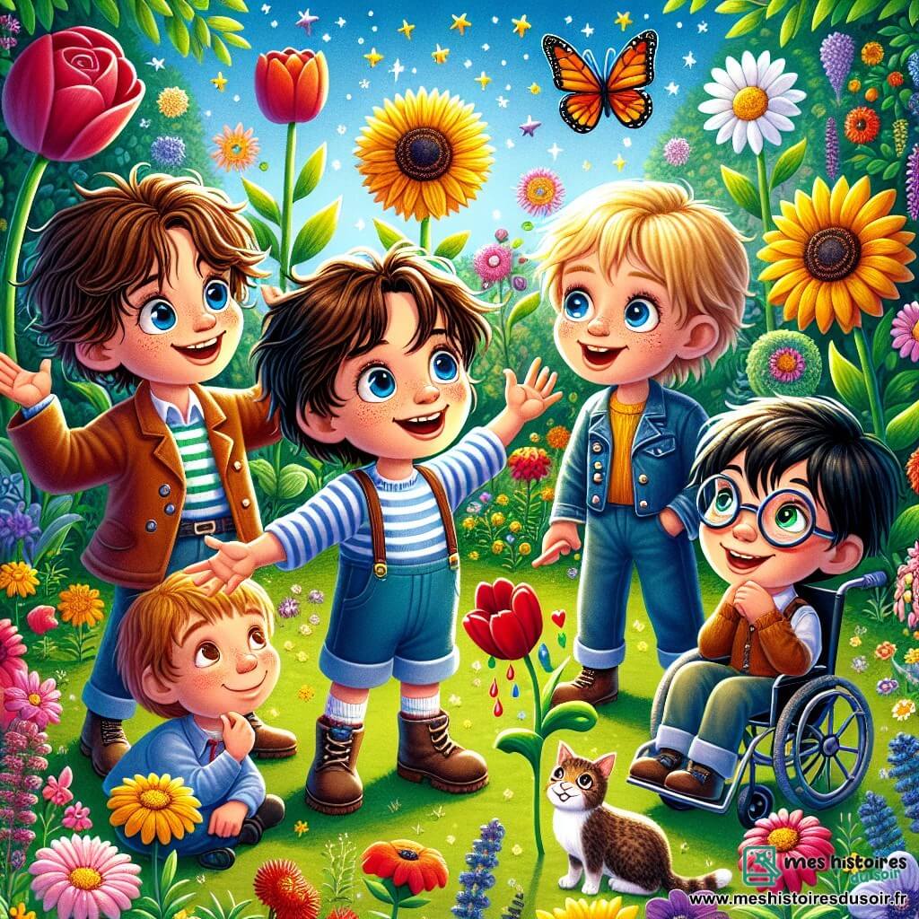 Dans un jardin magique, quatre amis se tiennent ensemble. Léo, 8 ans, est au centre, émerveillé par les fleurs. À sa droite, Max, 7 ans, rit en pointant une tulipe rouge qui parle. À gauche, Tom, 9 ans, écoute une marguerite qui explique la liberté, assis sur l'herbe. Sam, 8 ans, est dans son fauteuil roulant, souriant et curieux. Le jardin est rempli de fleurs éclatantes de couleurs vives, chantant et dansant autour d'eux, tandis que des papillons volent dans un ciel bleu parsemé de nuages. Les amis discutent joyeusement des leçons de liberté, d’amitié et de vérité, entourés de ces fleurs magiques.