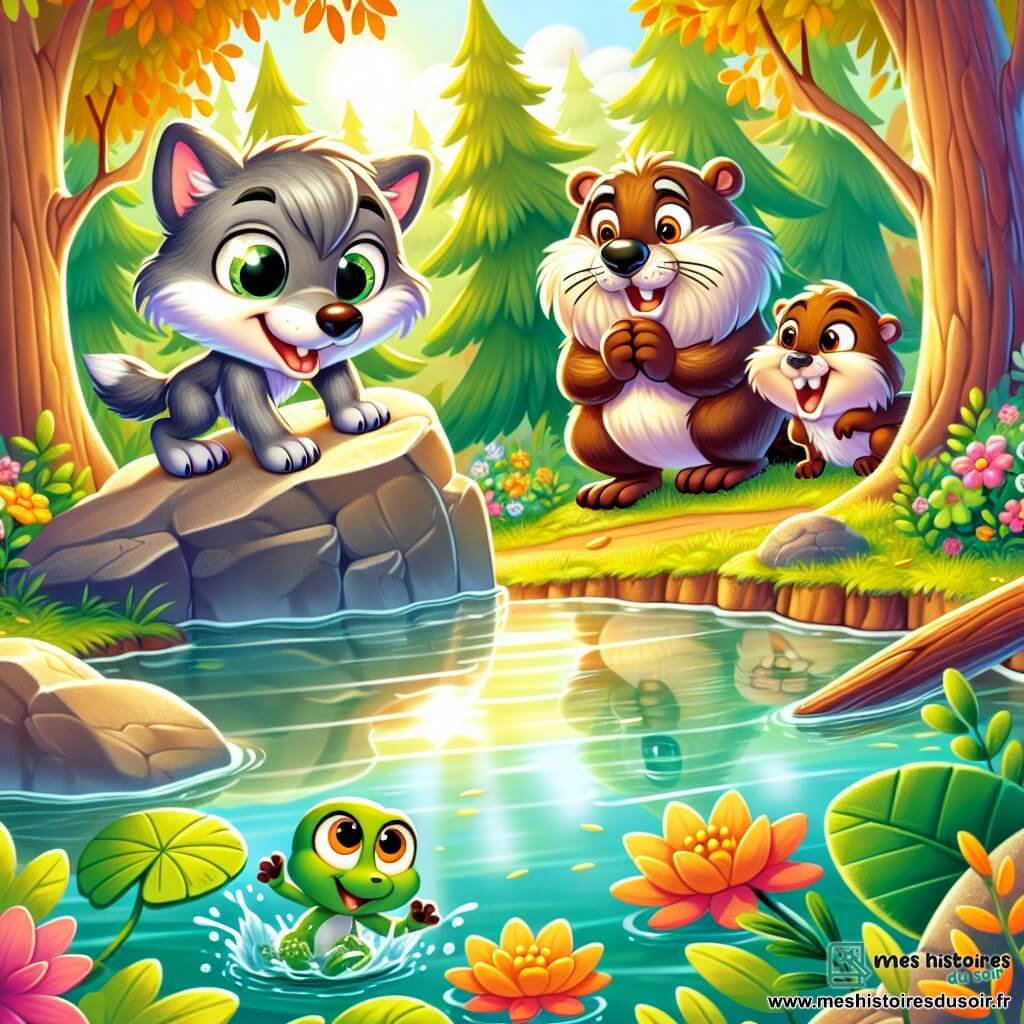 Un petit loup aux yeux pétillants, avec un pelage gris et des oreilles pointues, se tient au bord d'un grand rocher surplombant un étang scintillant, affichant une expression de détermination et d'excitation, prêt à plonger. À côté, un vieux castor au pelage brun l'encourage avec enthousiasme, tandis qu'une loutre applaudie joyeusement et une grenouille verte, perchée sur une feuille, regarde avec admiration. Le cadre est une forêt ensoleillée avec des arbres majestueux et des fleurs colorées autour de l'étang. Le petit loup est sur le point de sauter, soutenu par ses amis.