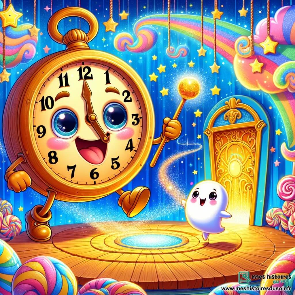 Tic-Tac, une horloge en bois aux grands yeux ronds et aux bras fins, est excitée, ses aiguilles tournant rapidement en découvrant un bouton scintillant sur son cadran. À ses côtés, Nimbus, un petit nuage blanc aux yeux pétillants et sourire éclatant, est prêt à guider Tic-Tac dans ses aventures à travers le temps. Le décor est un monde coloré avec des nuages en sucre d’orge, des étoiles dansantes et une grande porte dorée sous un ciel bleu éclatant, évoquant un univers magique. Tic-Tac appuie sur le bouton scintillant de son horloge, déclenchant un tourbillon lumineux, tandis que Nimbus l'encourage à entrer dans la porte du temps pour commencer leur voyage.