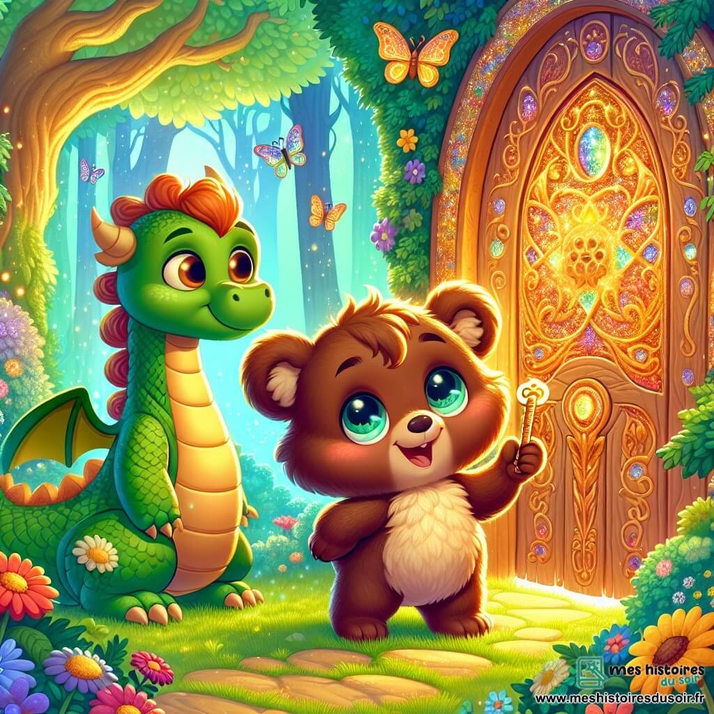 Un petit ours brun nommé Boucle, avec un pelage doux et des yeux curieux, se tient devant une porte magique en bois ornée de motifs scintillants. Il sourit en tenant une clé brillante. À ses côtés, un dragon vert aux écailles brillantes et aux grandes ailes déployées l'observe avec amitié. La scène se déroule dans une forêt enchantée, avec des arbres majestueux, des fleurs colorées et des papillons virevoltant. La lumière du soleil crée une atmosphère magique. Boucle et le dragon se tiennent devant la porte, prêts à entrer dans un monde merveilleux plein d'aventures.