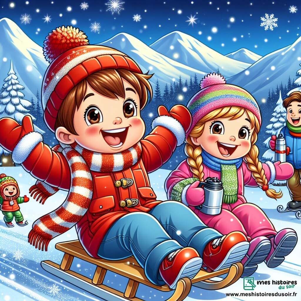 Un garçon de 5 ans, Hugo, est au centre de l'image, souriant avec des cheveux châtains et un manteau rouge. Il glisse joyeusement sur une luge, les bras levés, entouré de flocons de neige. À côté, Clara, une fille de 6 ans aux cheveux blonds tressés, rit en portant une combinaison de ski rose, prête à le rejoindre. En arrière-plan, le père d'Hugo, souriant, tient une thermos de chocolat chaud. Le décor est une station de ski avec des montagnes enneigées, des sapins et un ciel bleu. Hugo et Clara s'élancent ensemble sur la luge, remplis de joie.