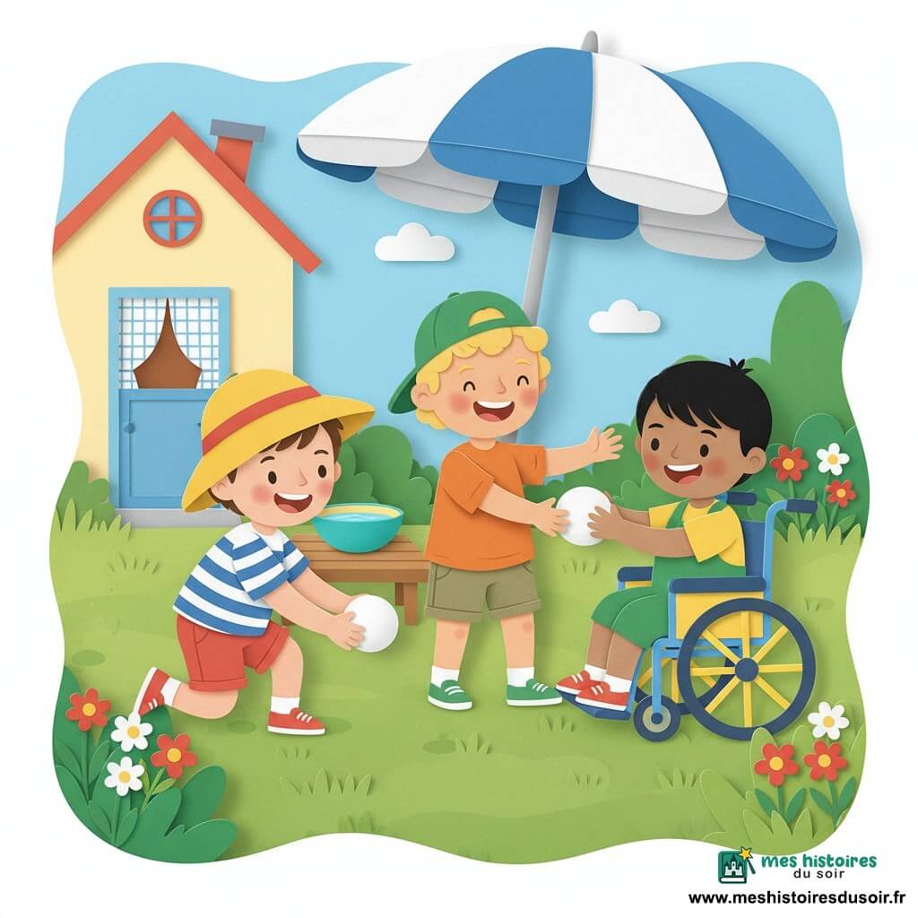 Trois garçons d’environ 4 ans jouent dans un jardin d’été ensoleillé sous un parasol rayé : à gauche un garçon à peau claire, cheveux bruns courts, chapeau jaune à large bord, t-shirt rayé bleu et blanc et short rouge, accroupi, pousse une petite balle en mousse ; au centre un garçon hâlé aux cheveux blonds bouclés, casquette verte, chemise orange et short kaki, debout, bras tendus pour attraper la balle, sourire large ; à droite un garçon à peau mate, cheveux noirs lisses, assis dans un petit fauteuil roulant bleu, salopette verte et t-shirt jaune, reçoit la balle, heureux ; herbe verte, quelques fleurs rouges et blanches, un petit bol d’eau turquoise sur une table basse en bois, une maison jaune pâle à l’arrière-plan avec porte bleue et rideau à carreaux, ciel bleu clair et deux nuages blancs en papier ; composition centrée sur la rondeur de la balle et les mains tendues, gestes doux et expressions joyeuses, couleurs vives et formes simples.