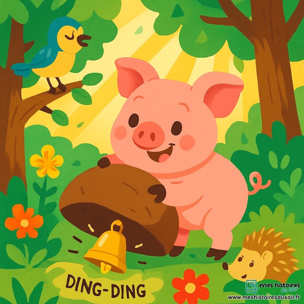 Un petit cochon rose, souriant et curieux, cherche sa clochette brillante dans une forêt enchantée. Il soulève une pierre avec ses petites pattes, tandis qu'un oiseau aux plumes jaunes et bleues chante sur une branche. Un hérisson aux piquants dorés se cache dans la mousse, prêt à aider. La forêt est pleine d'arbres aux feuilles vertes éclatantes et de fleurs colorées, avec des rayons de soleil illuminant le sol. Petit Cochon, avec ses amis, émet un doux "ding-ding" en cherchant sa clochette perdue.