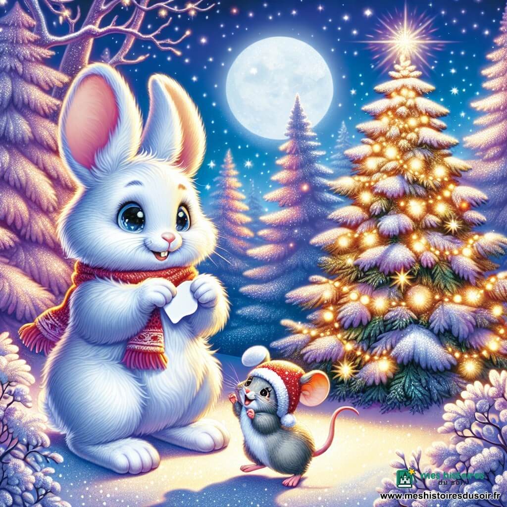 Un petit lapin blanc nommé Flocon, aux grandes oreilles et aux yeux pétillants, se tient devant un sapin de Noël illuminé. Avec un sourire émerveillé, il tient un mot de papier dans ses pattes. À côté de lui, une souris grise au chapeau rouge, nommée Miette, saute joyeusement, prête à l'accompagner. La scène se déroule dans une clairière enchantée, recouverte de neige, sous une lune brillante. Flocon et Miette se préparent à faire un vœu au sapin, entourés d'une atmosphère magique.