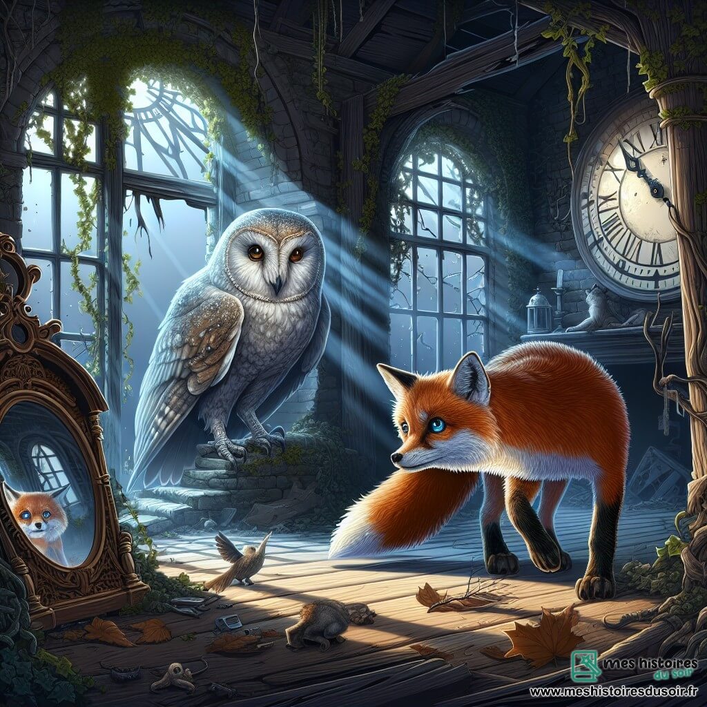 Illustration d'un renard aux yeux bleus et à la fourrure flamboyante, curieux et appréhensif, se tenant sur ses pattes arrière devant une maison délabrée. À l'intérieur, un hibou majestueux aux plumes gris argenté observe le renard avec sagesse, perché sur une étagère. La maison ancienne, couverte de lierre, a des fenêtres brisées laissant passer une lumière tamisée. L'intérieur, sombre et mystérieux, est rempli de miroirs ternis et d'une horloge monumentale aux aiguilles immobiles. Le renard s'approche de l'horloge, déterminé à réveiller des rêves perdus, tandis que des ombres menaçantes dansent autour de lui. Des feuilles mortes, des toiles d'araignées et une lumière douce ajoutent à l'atmosphère mystérieuse.