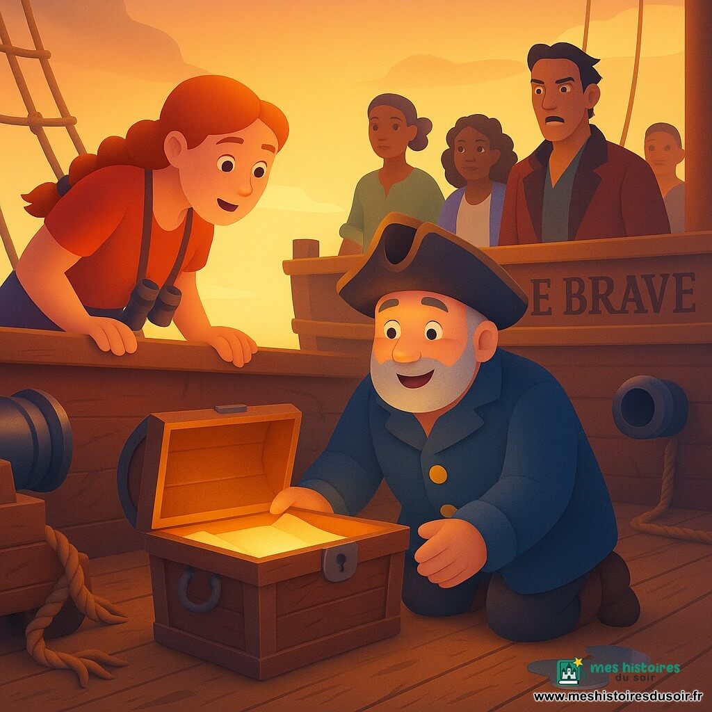 Le capitaine Barnabé, visage rond, barbe poivre et sel, yeux brillants et sourire bienveillant, agenouillé en manteau bleu marine et tricorne usé, mains sur un coffre en bois sculpté qu'il vient d'ouvrir, expression émerveillée ; Sophie, environ 18 ans, tresse rousse et jumelles autour du cou, appuyée à la rambarde à la poupe, alerte et soulagée ; le capitaine Victor, vers 40 ans, visage anguleux avec une cicatrice, manteau rouge sombre, sur le pont du navire rival, contrarié, son équipage derrière lui ; le pont en bois du navire Le Brave sous un ciel doré de fin d'après-midi, cordages et voiles froissés et traces de bataille ; le coffre révèle un parchemin ancien déroulé baigné d'une lumière chaude, atmosphère de découverte et d'union après l'affrontement.