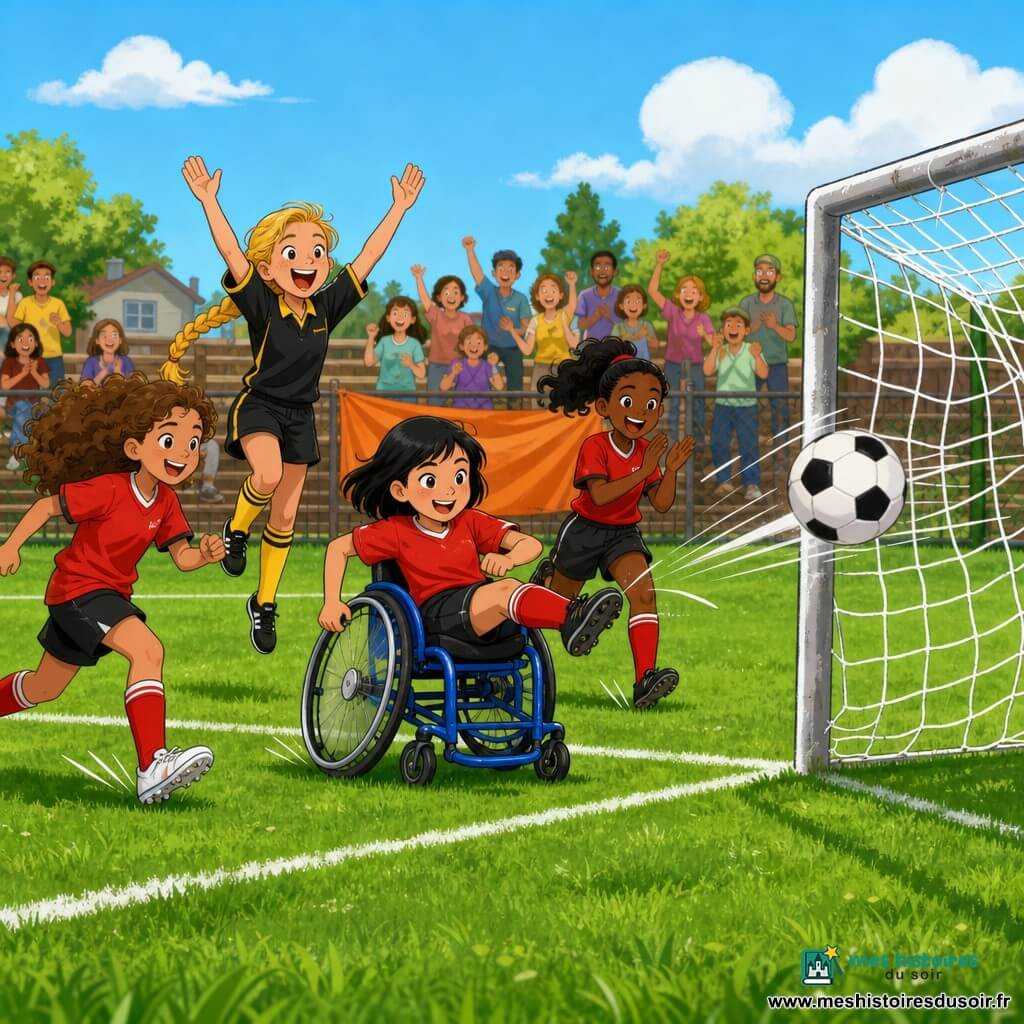 Quatre filles de 8 ans sur un petit terrain de quartier : Lisa, cheveux bouclés châtain, court vers la droite pour la passe ; Emma, cheveux courts noirs, souriante et assise dans un fauteuil roulant de sport bleu au centre, reçoit la passe et frappe le ballon vers le but ; Clémence, blonde en tresse, à gauche, saute de joie en levant les bras ; Nina, peau mate et queue de cheval noire, à droite, court en applaudissant. Herbe verte, lignes blanches, buts métalliques avec filet, petites tribunes en bois remplies de parents colorés et une banderole orange au grillage ; moment du but décisif, mouvement accentué, couleurs vives, ciel bleu clair avec quelques nuages.