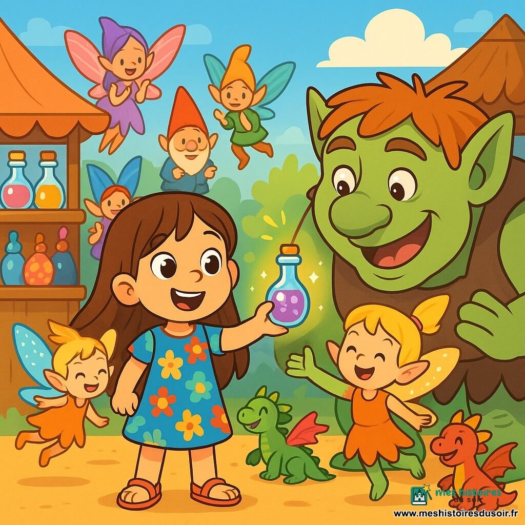Une petite fille de 6 ans, Lila, aux longs cheveux bruns et aux yeux curieux, sourit au centre de l'image. Elle porte une robe colorée à motifs floraux et des sandales. À ses côtés, un pixie nommé Pippin, avec des ailes scintillantes et des cheveux dorés, vole joyeusement. En arrière-plan, un marché magique est animé par des créatures fantastiques : fées, lutins et petits dragons. Des stands en bois proposent des potions brillantes et des bonbons multicolores, sous un ciel bleu avec des nuages doux. Lila tend une bouteille lumineuse vers un grand troll aux yeux brillants, qui sourit, entouré de créatures magiques applaudissant.