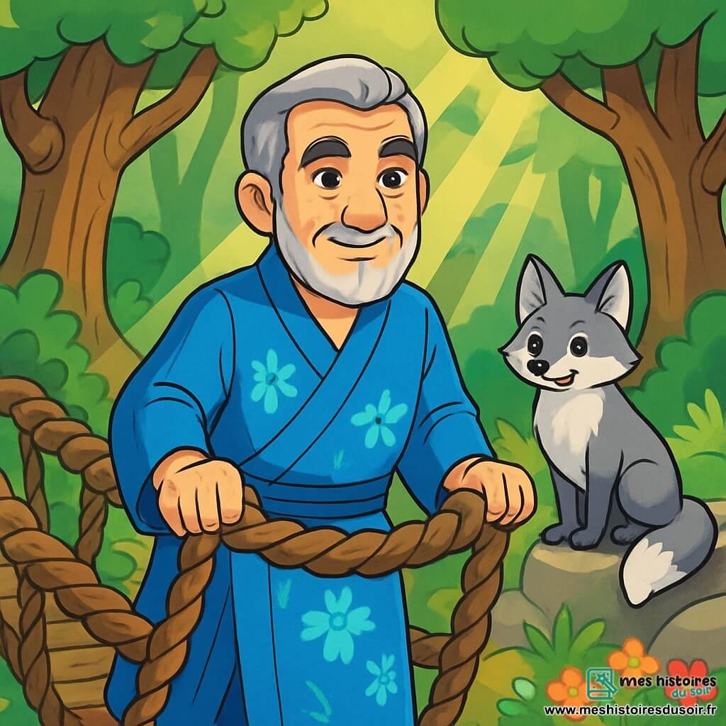Un homme âgé nommé Taro, avec des cheveux gris et une barbe soignée, porte un kimono bleu à motifs floraux. Son visage exprime sagesse et détermination, ses yeux pétillent de curiosité. Il est sur un pont tressé de lianes, souriant légèrement, prêt à affronter ses peurs. À ses côtés, un renard espiègle nommé Kitsu, aux yeux vifs et au pelage argenté, l'observe avec encouragement, assis sur une pierre. Ils se trouvent dans une forêt enchantée, dense et mystérieuse, où des rayons de soleil filtrent à travers le feuillage, créant des ombres sur le sol fleuri. Taro se confronte à des images de ses doutes et peurs sur le pont des illusions, tandis que Kitsu l'encourage à avancer, dans une atmosphère magique et tendue, pleine de courage et de découverte.