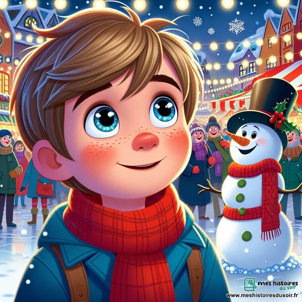 Un petit garçon de 7 ans, Théo, aux yeux pétillants, se tient au centre d'un marché de Noël animé. Il porte un manteau bleu vif et une écharpe rouge, exprimant joie et légère inquiétude. À ses côtés, Léa, une jeune fille de 8 ans avec de longs cheveux blonds et une écharpe rouge, lui tend la main pour l'encourager à avancer. Un bonhomme de neige jovial, Olaf, se tient derrière eux, souriant et prêt à les accueillir. Le marché est rempli de stands colorés, de guirlandes lumineuses et de flocons de neige. Un grand sapin de Noël, décoré de boules dorées, illumine la scène. Théo, Léa et Olaf rient ensemble en cherchant la famille de Théo dans la foule, créant une atmosphère magique et festive.