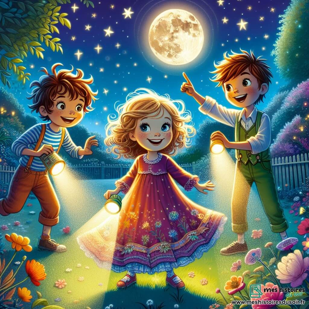 Dans un jardin éclairé par la lune, trois enfants se tiennent ensemble. Lucas, sept ans, avec des cheveux bruns et un visage souriant, tient une lampe de poche. À sa gauche, Emma, avec des cheveux blonds et une robe colorée, danse joyeusement. À droite, Thomas, avec des cheveux châtains et des lunettes rondes, rit en pointant vers les étoiles. Le jardin est rempli de fleurs colorées, créant une atmosphère magique. Les enfants, réunis, surmontent leur peur du noir en parlant aux étoiles et en dansant, découvrant la beauté de la nuit et leur amitié.