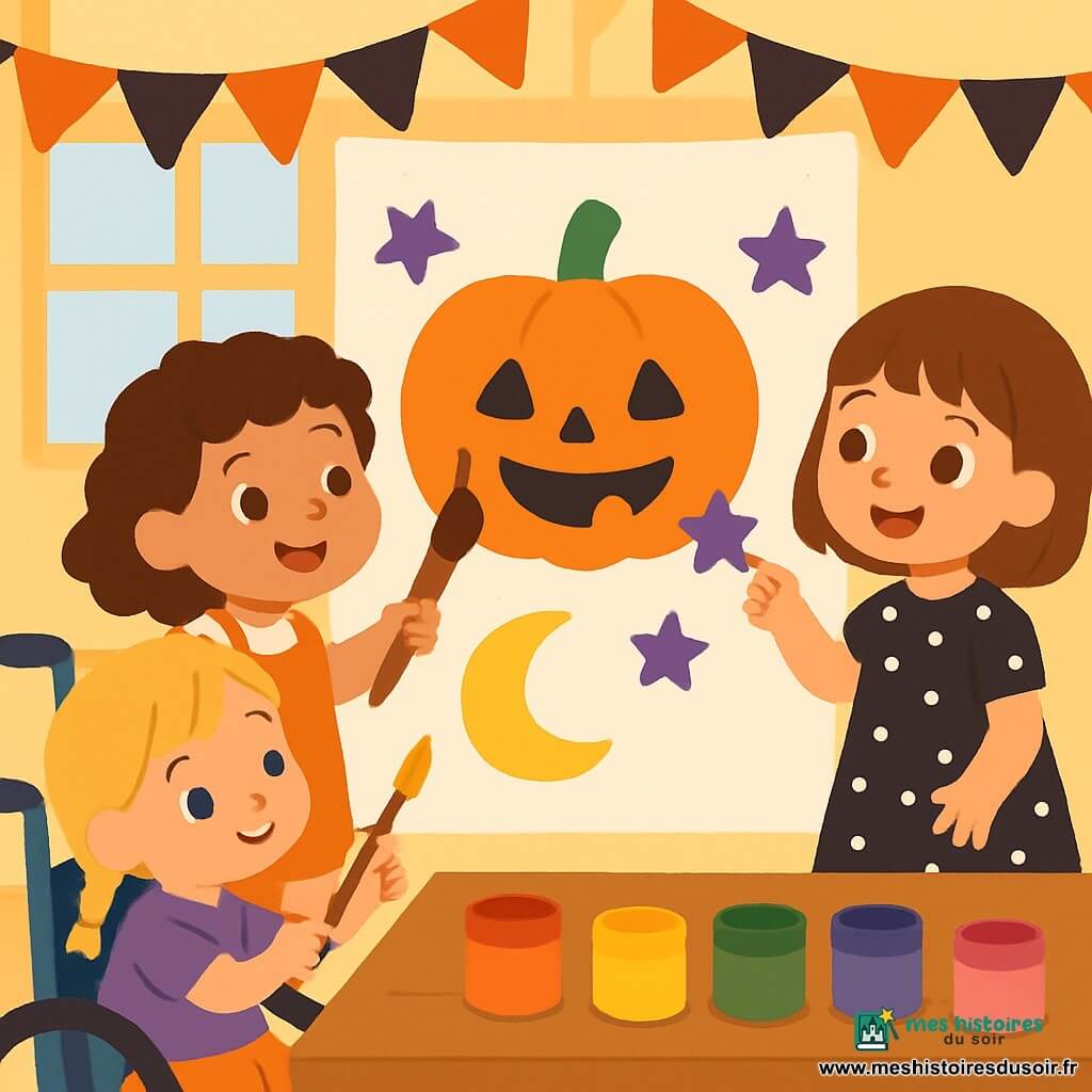 Trois personnages sont présents : Lila, une petite fille de 4 ans avec des cheveux bruns bouclés et un tablier orange, qui peint une citrouille souriante ; Zoé, une petite fille de 4 ans aux cheveux blonds tressés, assise dans un fauteuil roulant, dessinant une lune dorée ; et Nina, une petite fille de 4 ans avec des cheveux châtains, portant une robe noire à pois blancs, qui ajoute des étoiles autour de la citrouille. La scène se déroule dans une salle de classe lumineuse, décorée de guirlandes orange et noir, avec des pots de peinture sur une grande table. Les trois amies créent ensemble une affiche festive pour Halloween, riant et s'entraidant dans une ambiance chaleureuse et joyeuse.
